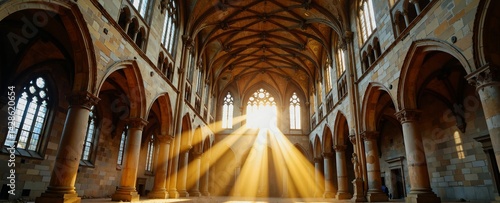 Sun rays piercing through the Gothic cathedrals ceiling, casting golden beams onto the stone floor and pillars, creating a serene and majestic atmosphere