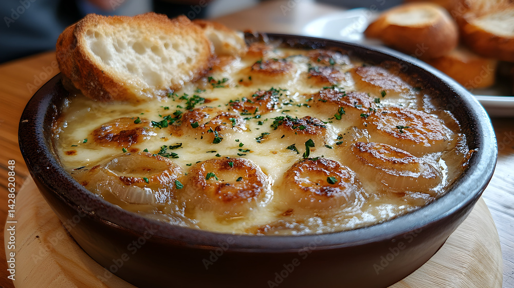 French onion soup topped with a golden crust of melted cheese and toasted bread