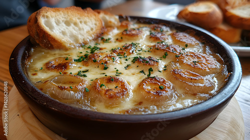 Obraz na płótnie French onion soup topped with a golden crust of melted cheese and toasted bread w salonie