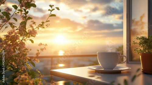 peaceful morning balcony scene with a cup of coffee and a stunning sunrise in the background
