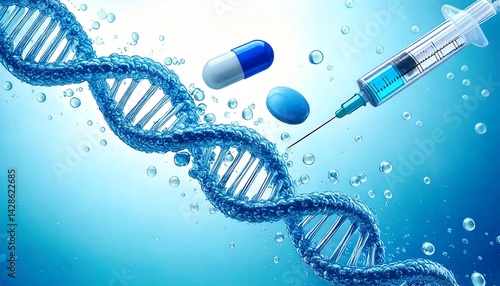 Syringe injecting blue liquid dna strand surrounded by bubbles with two pills floating nearby, conceptual image representing genetic engineering and medical research.