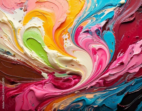 Thick, vibrant swirls of multicolored paint create a dynamic and visually appealing abstract spectrum, reminiscent of the smooth texture of melted ice cream.