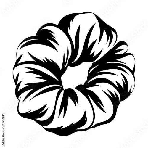 Monochrome illustration of a retro scrunchie hair tie on a white background