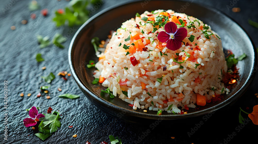 Fried Rice presented on a black textured surface with elegant side garnishing