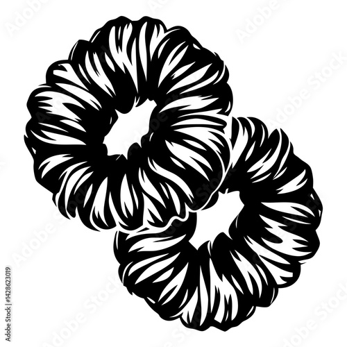 Two stylized scrunchies or hair ties depicted in black and white tones