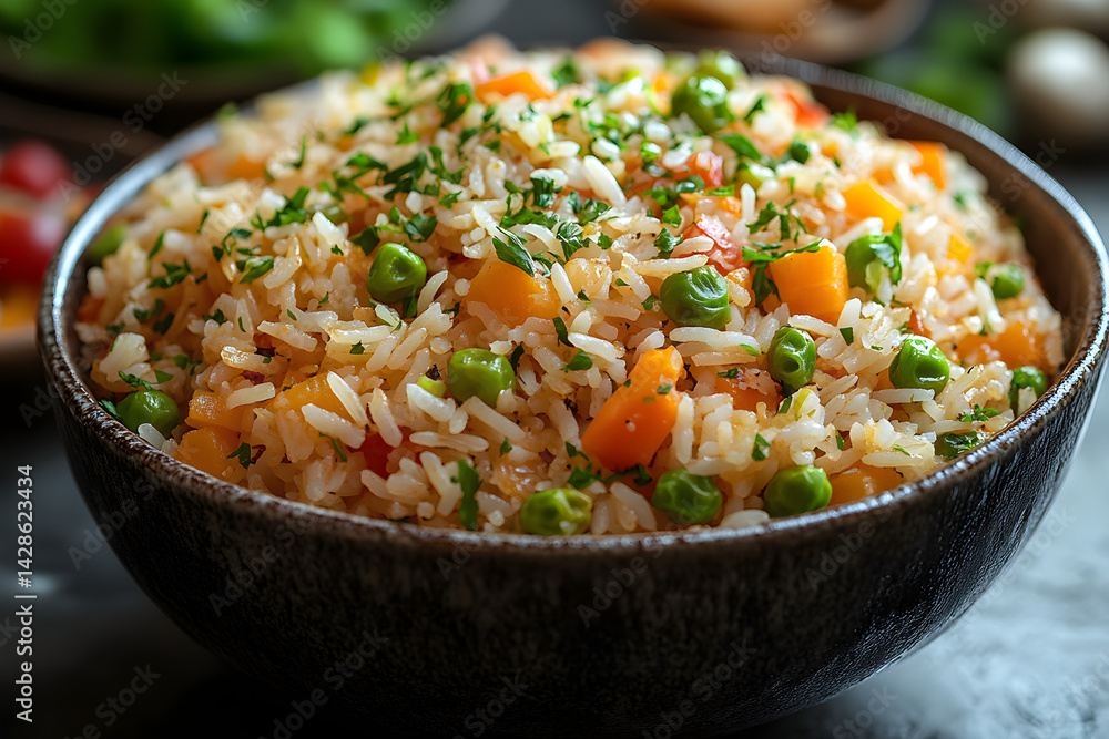 Fried Rice styled on dark grey background with clean plating and props