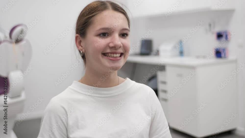 A woman is getting her final dental photo taken at the orthodontic clinic after finishing her braces treatment. The focus is on a bright and confident smile A woman is getting her final dental photo taken at the orthodontic clinic after finishing her braces treatment. The focus is on a bright and confident smile