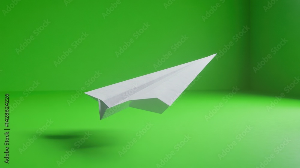 Abstract Paper Airplane in Minimalist Studio with Green Background
