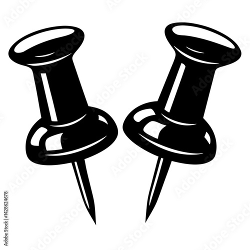 Two black push pins or thumbtacks in a minimalist design style