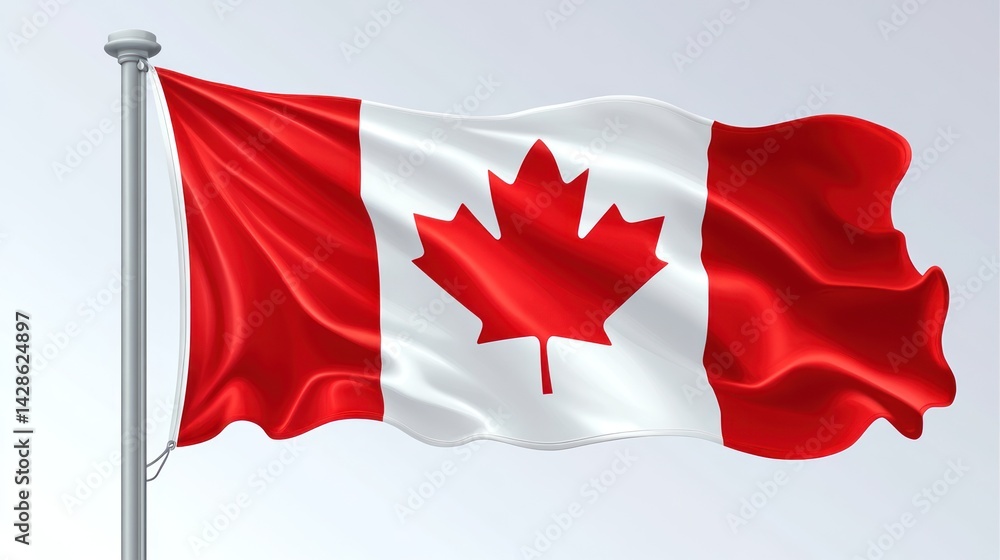 A silk Canadian flag waves proudly on a silver flagpole against a gradient white background A silk Canadian flag waves proudly on a silver flagpole against a gradient white background
