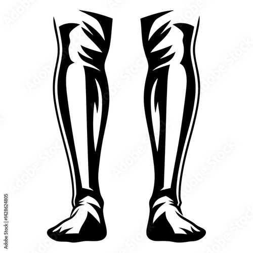 Stylized rendering of human legs and feet with bold black and white contrast