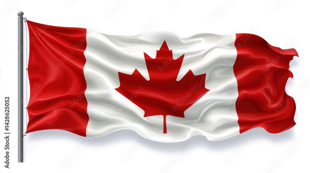 A windblown Canadian flag waves gallantly on a sleek silver pole A windblown Canadian flag waves gallantly on a sleek silver pole