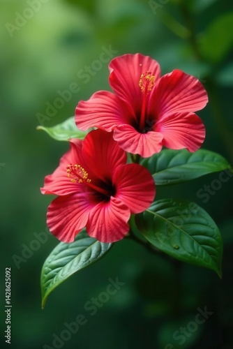 Wallpaper Mural Vibrant red hibiscus blooms on a lush green twig , foliage, macro, exotic Torontodigital.ca