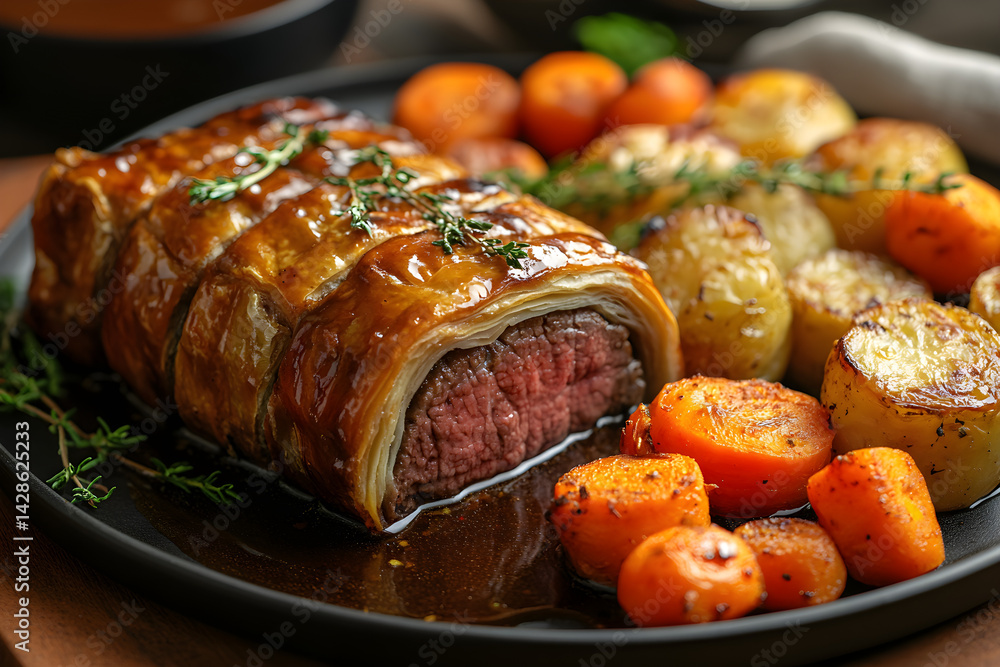 Full Beef Wellington served with sides of roasted vegetables and gravy
