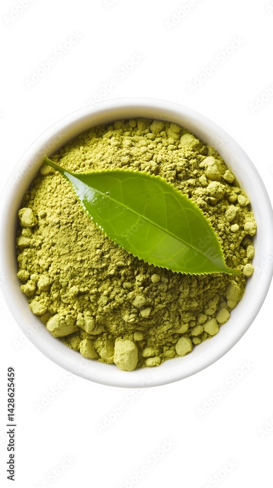 Aerial View of Matcha Green Tea Powder in Bowl with Leaf Aerial View of Matcha Green Tea Powder in Bowl with Leaf