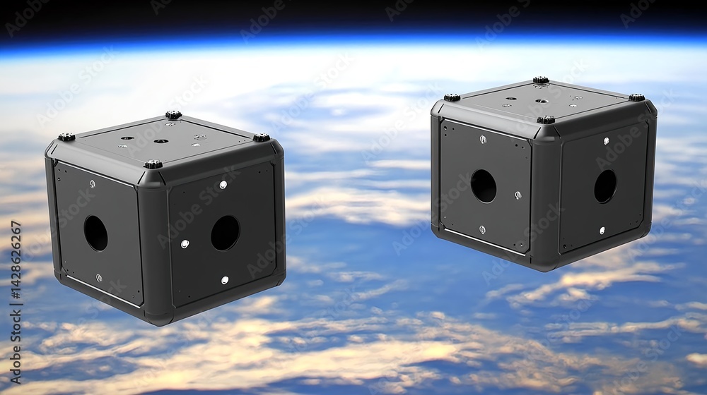 Obraz premium Miniaturized technology satellites orbiting Earth in space