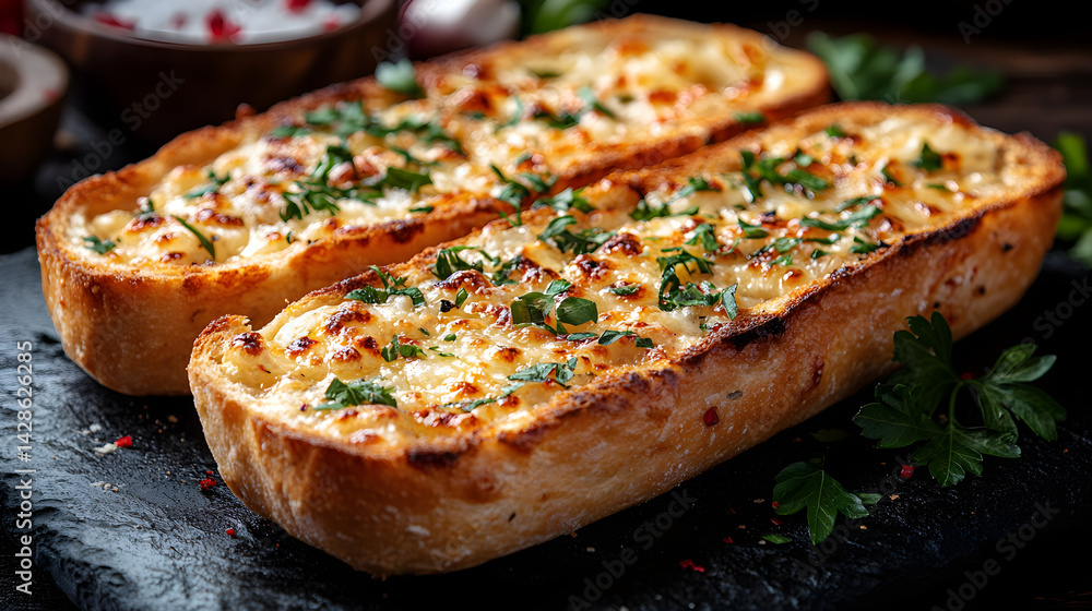 Garlic Bread presented on a black textured surface with elegant side garnishing