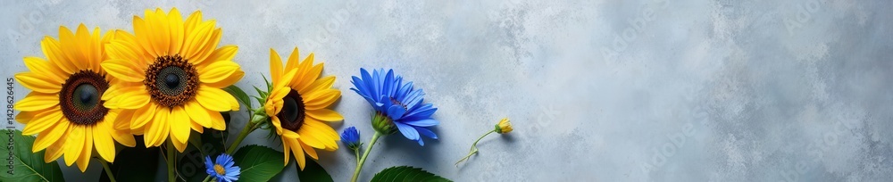 Obraz premium Vibrant sunflowers & blue cornflowers, grey textured background, bold, nature, wildflowers