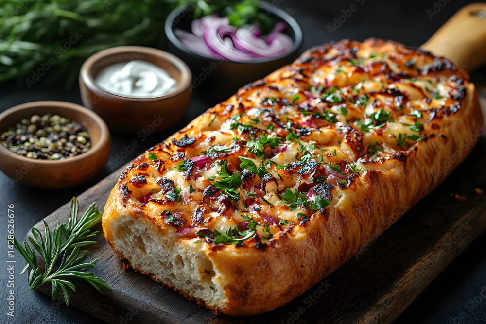 Garlic Bread styled on dark grey background with clean plating and props