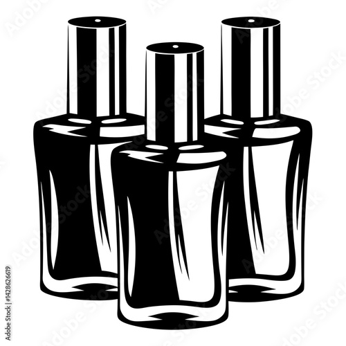 Three black and white bottles of nail polish in a graphic design