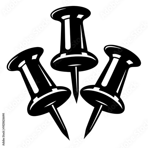 Graphic design of three push pins in black and white illustration