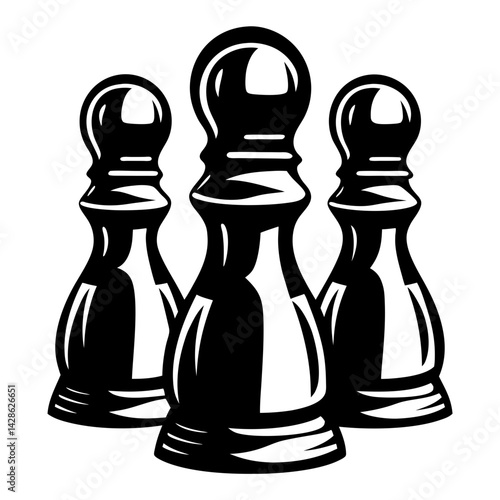 Dramatic depiction of three chess pawns standing side by side in black