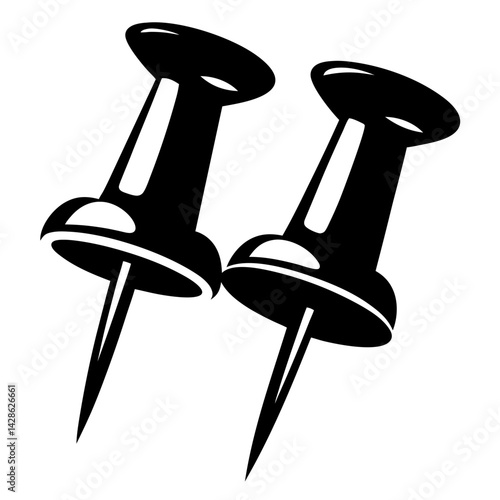 Two black push pins isolated against a white background in high contrast