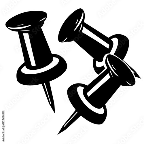 Three black and white push pins isolated on a white background image