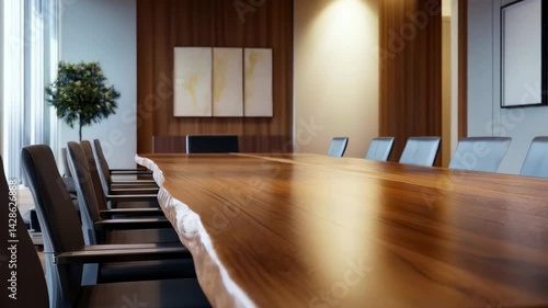 Modern conference room with wooden table and stylish seating in office environment