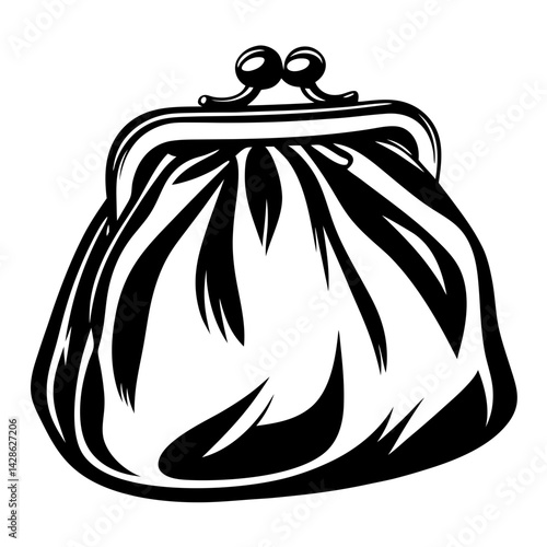 Black and white illustration of a vintage coin purse or wallet