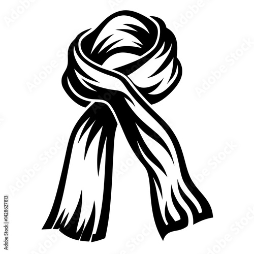 Elegant black and white depiction of a stylishly knotted winter scarf