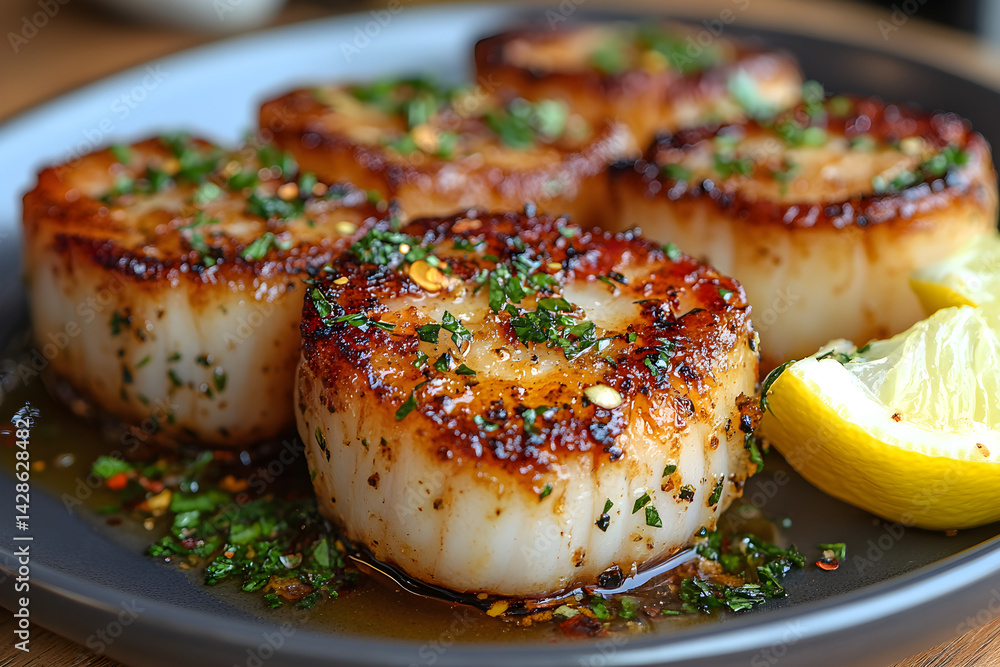 Golden bacon-wrapped scallops served with a side of lemon wedges
