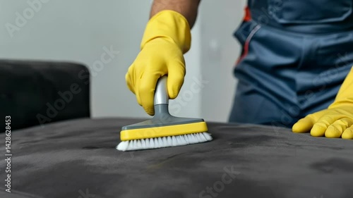Professional cleaning service refreshes couch upholstery in modern living room