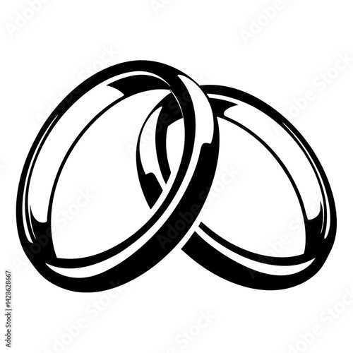 Two interlocked wedding bands in black and white illustration graphic design