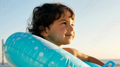 Smiling child enjoys beach fun with inflatable float on sunny day by the ocean