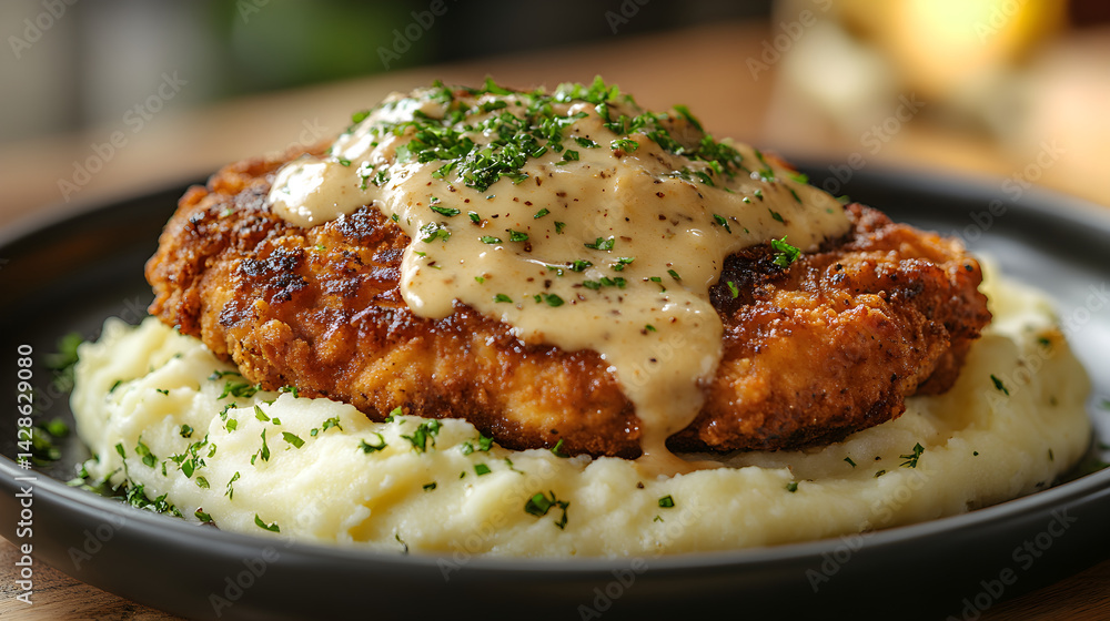 Golden chicken fried steak with creamy gravy and mashed potatoes