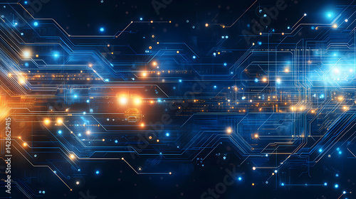 Glowing blue circuitry wall with soft light and digital wave background.