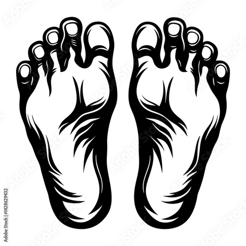 Graphic black and white illustration of the soles of the feet