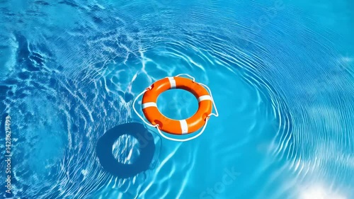 Lifebuoy floating in clear blue pool water during sunny afternoon