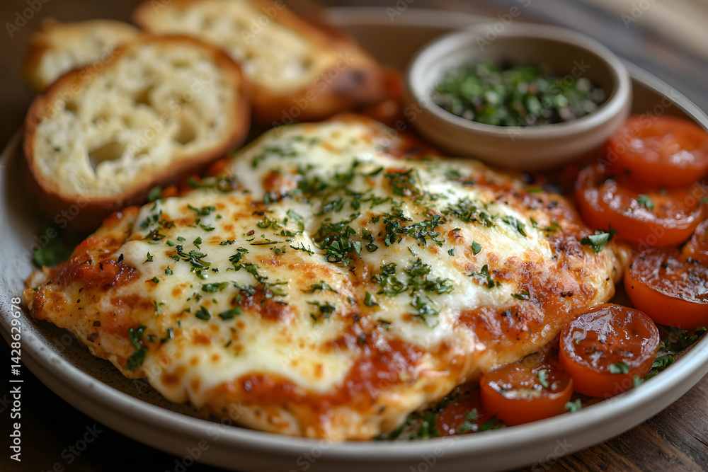 Golden chicken parmesan topped with melted cheese and served with garlic bread