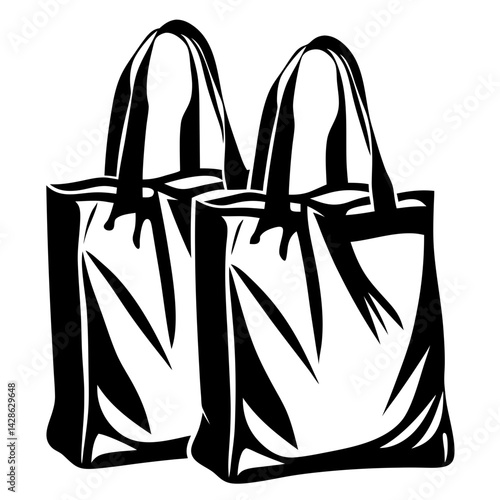 Stylized vector illustration of two reusable grocery shopping bags in black and white