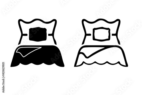 Bed linen set with pillows, bed sheet and duvet cover isolated on white background outline icon