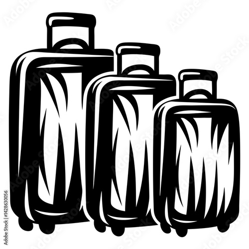 Stylized black and white illustration of suitcases of different sizes lined up