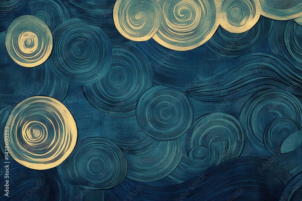 Abstract Swirls and Circles in Dark Blue and Gold Color Scheme