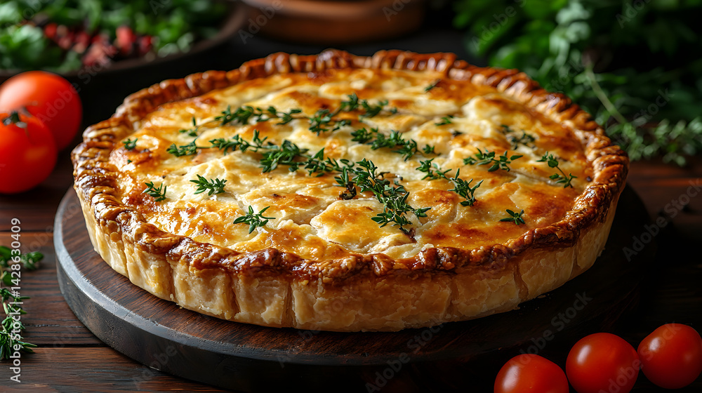 Golden chicken pot pie with a flaky crust on a dark wooden table