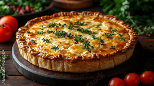 Obraz na płótnie Golden chicken pot pie with a flaky crust on a dark wooden table w salonie