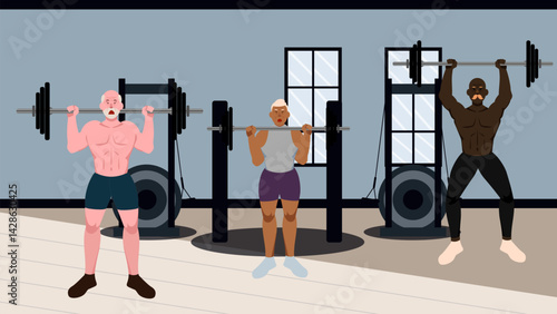 Flat illustration showcasing three men with varying skin tones engaged in weightlifting exercises in a gym.
