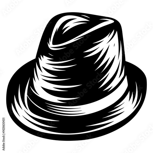 Stylish black and white fedora hat artwork with artistic line design