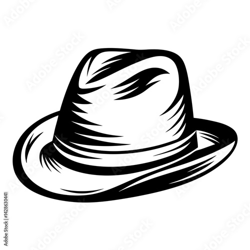 Monochrome illustration of a classic fedora hat with stylized linear details