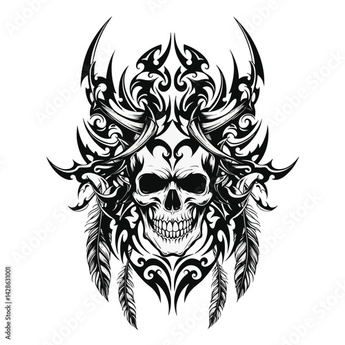 Skull with Tribal Elements and Feathers in Black and White Style  